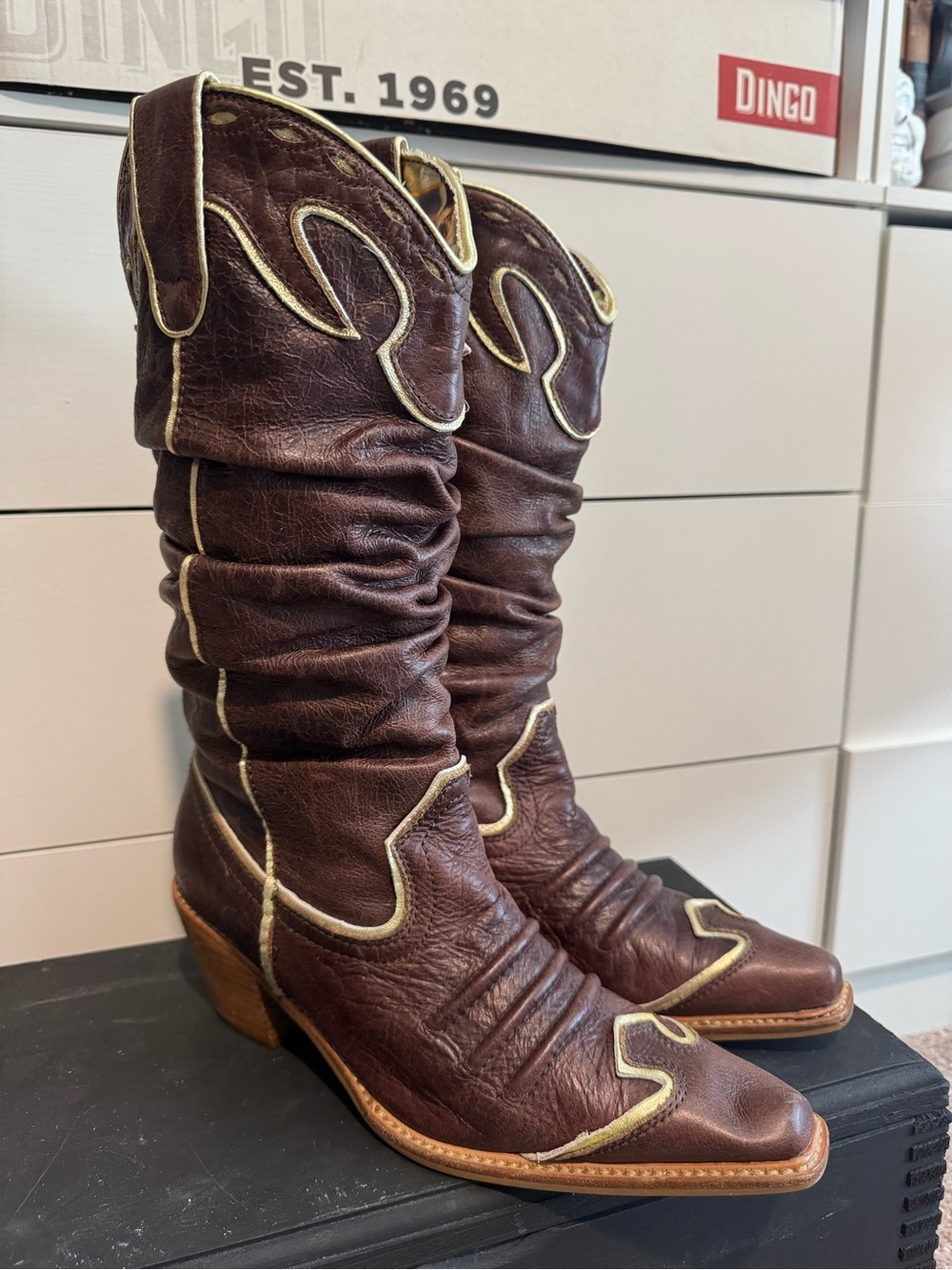 Nana Vintage Brown Leather Western Slouch Boots